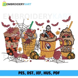 Horror Characters Coffee Cups Halloween Embroidery design